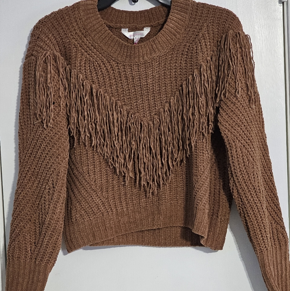 No Boundries Girls Brown Fringe Crew Neck Sweater Size S NWT
